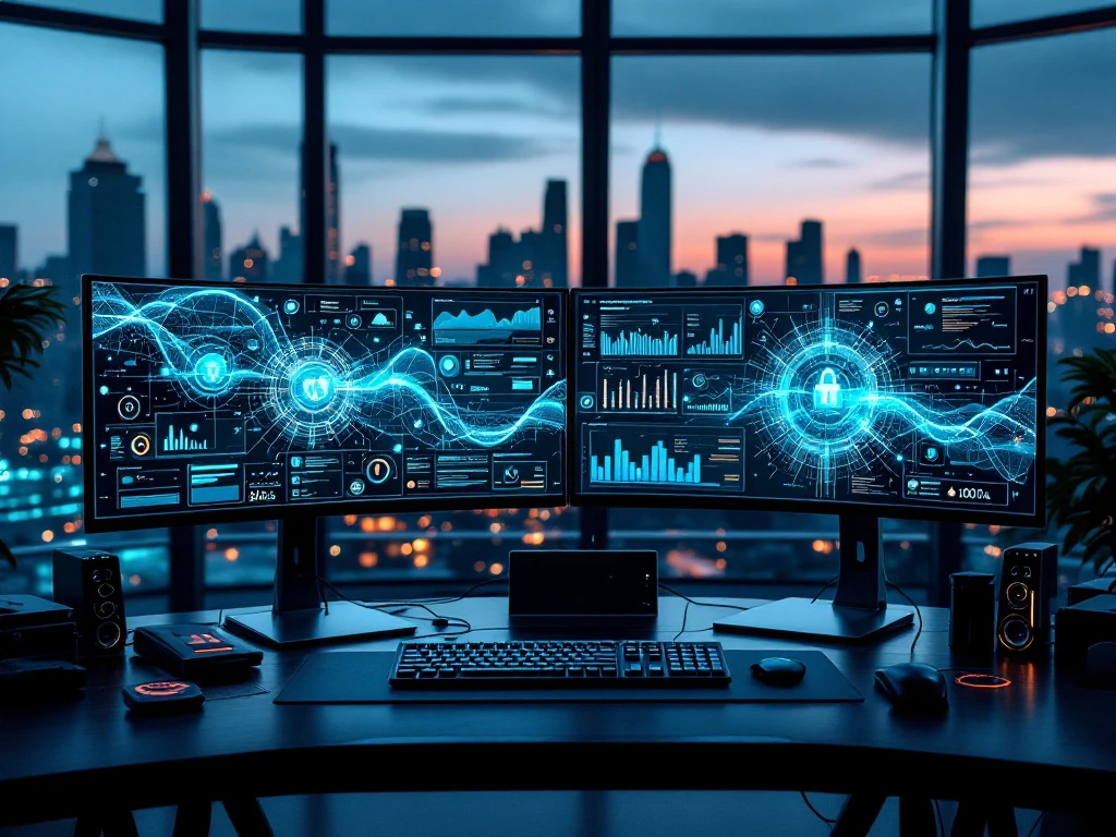 Cybersecurity command center with dual monitors showing AI neural networks and data dashboards in modern glass office.