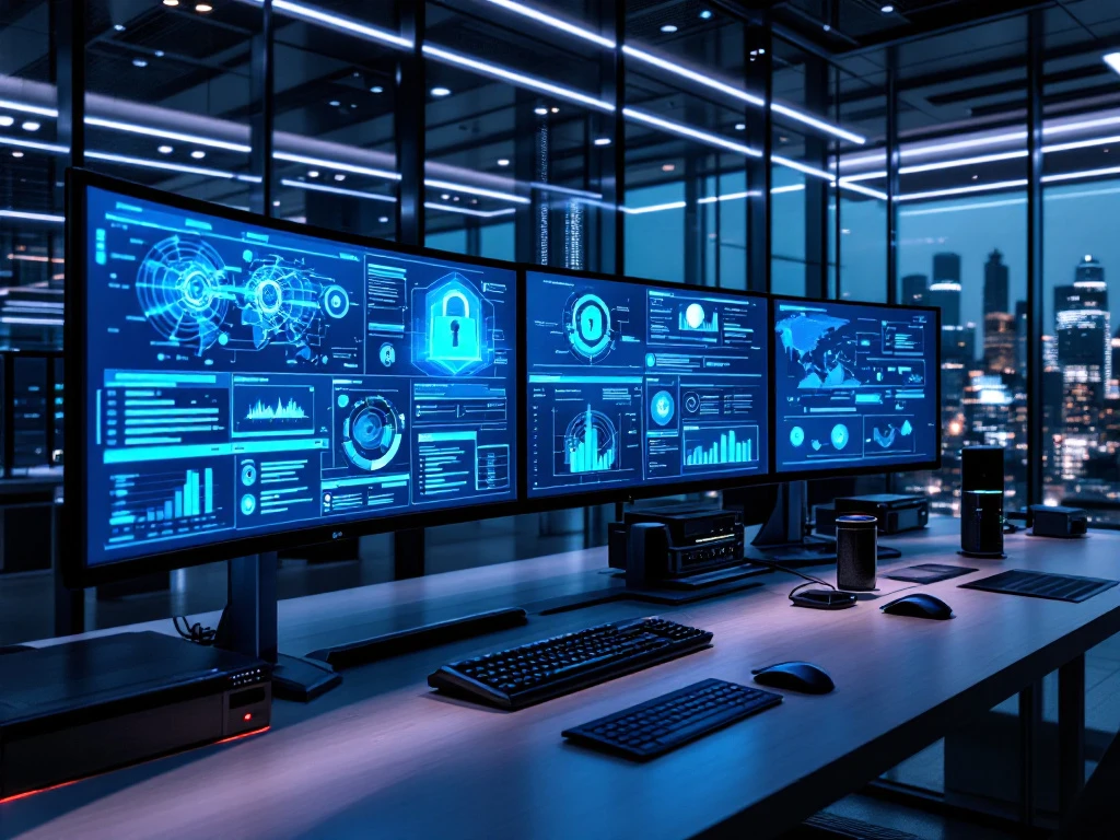 Modern cybersecurity command center with curved monitors displaying network analytics in blue tones, glass office setting