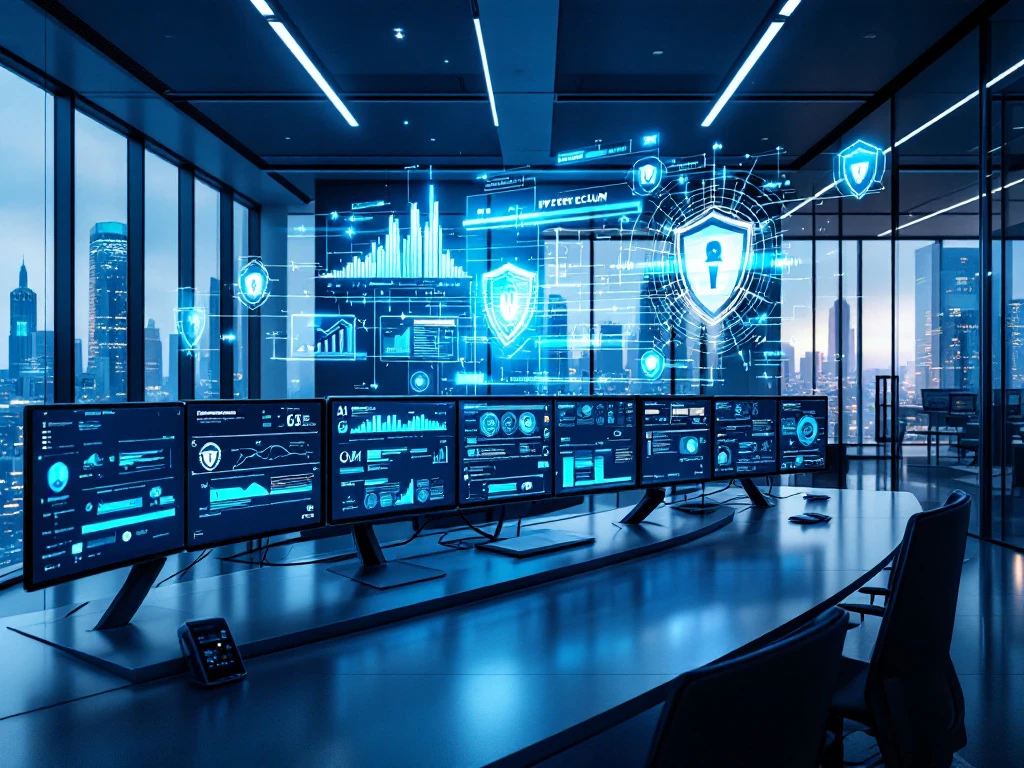 Modern cybersecurity command center with curved monitors displaying network security dashboards and holographic data visualizations