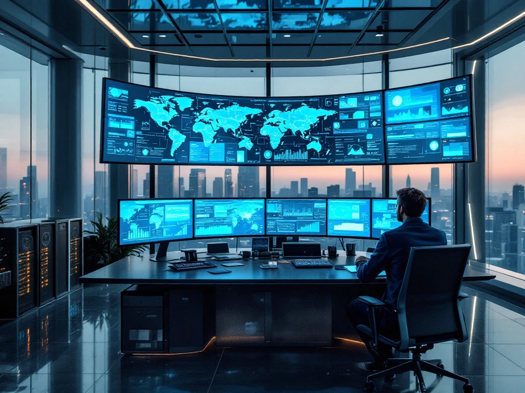 Modern cybersecurity command center with curved monitors displaying global network maps and threat analytics in blue hues
