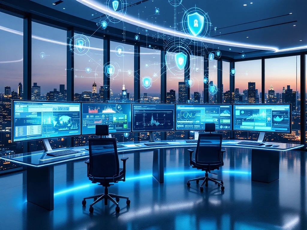 Modern cybersecurity command center with curved monitors displaying network analytics, glass desks, city skyline view, and holographic data projections.