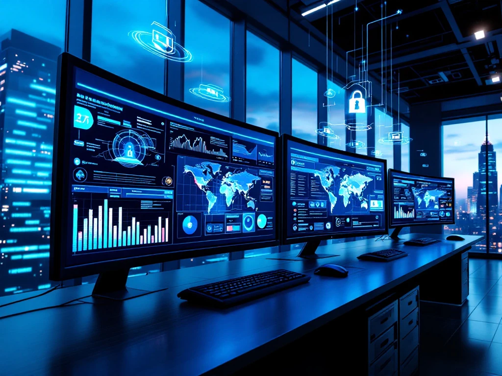 Modern cybersecurity command center with curved monitors displaying network dashboards, server racks, and city skyline view.