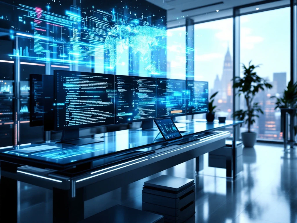 Modern cybersecurity office with glass desks, multiple monitors showing data visualizations, and AI holographic projections