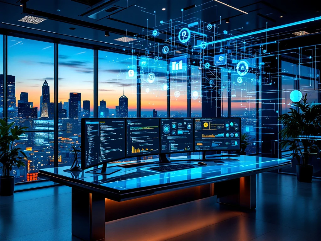Modern cybersecurity office with curved monitors displaying code, holographic AI visualizations, and city skyline view at dusk.