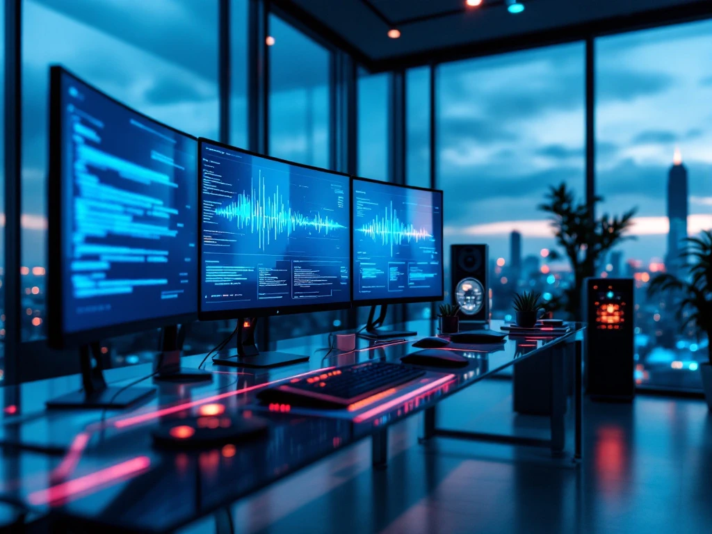 Modern cybersecurity office with curved monitors displaying code, glass desk, blue lighting, city skyline, and servers.