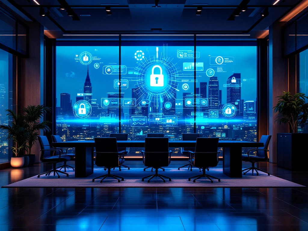 Modern cybersecurity office with curved monitors displaying security dashboards, servers with LED lights, and city skyline view.
