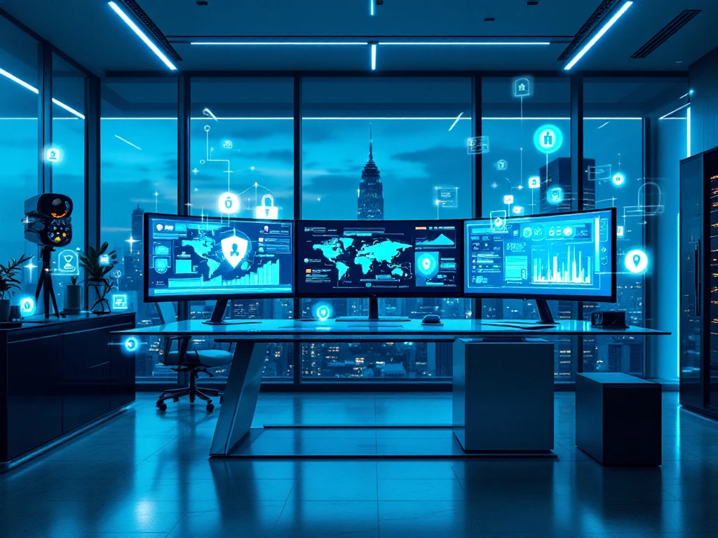 Modern cybersecurity office with curved monitors displaying network security dashboards and data visualizations