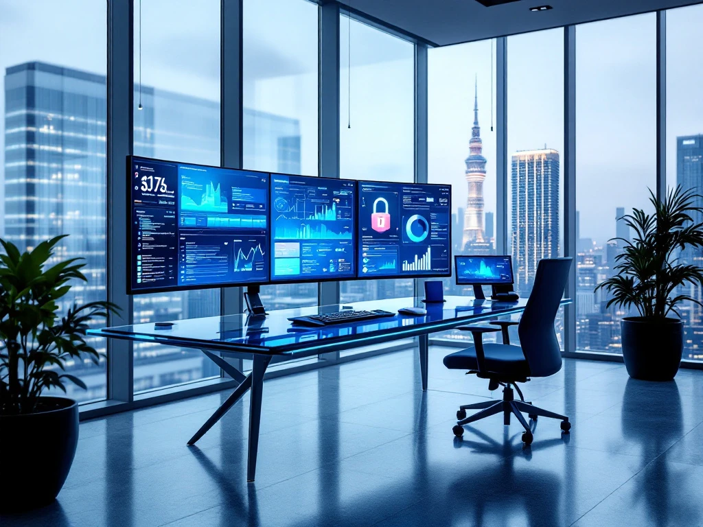 Modern cybersecurity office with curved monitors showing network dashboards, glass desk, and city skyline view.