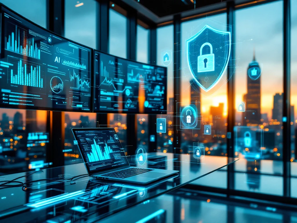 Modern cybersecurity operations center with multiple monitors displaying network data, laptop showing AI threat detection, city view