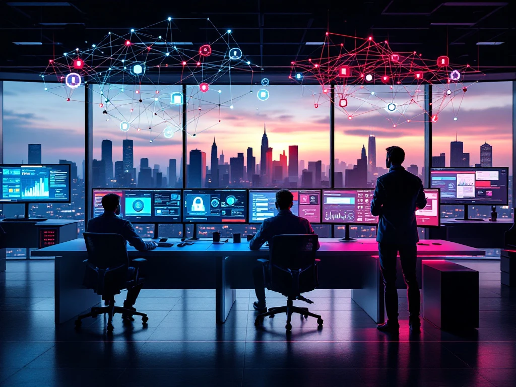 Modern cybersecurity operations center with curved monitors displaying security dashboards, RGB-lit workstations, and city view