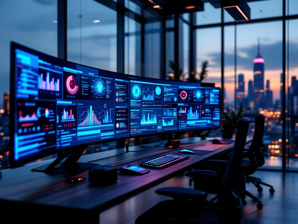 Modern cybersecurity operations center with curved monitors displaying network security dashboards in glass office