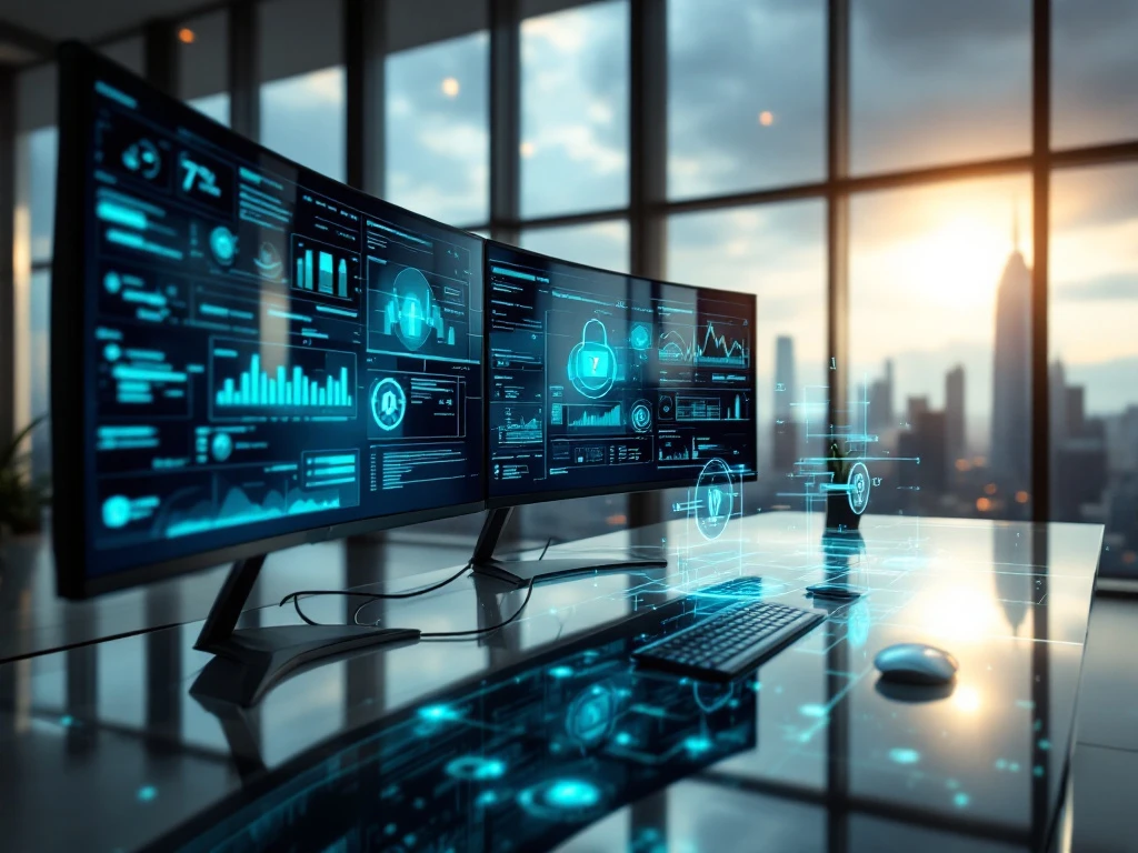 Modern cybersecurity operations center with multiple monitors displaying network security dashboards overlooking city skyline