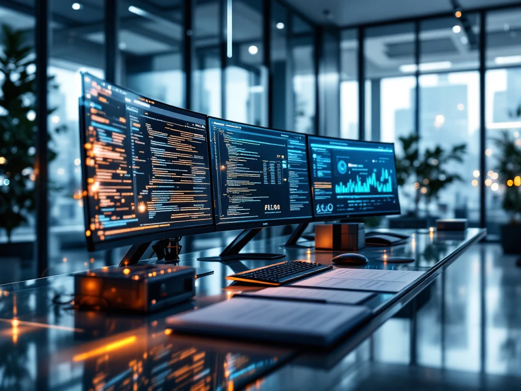 Modern cybersecurity office with curved monitors displaying AI code, glass desk, servers, and legal documents in bright workspace.