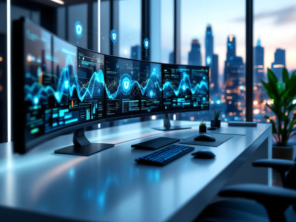 Modern cybersecurity workspace with curved monitors displaying data dashboards, LED lighting, and city skyline view.