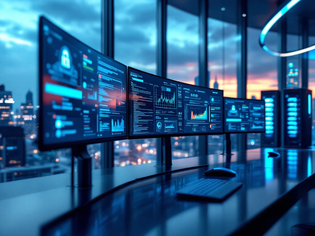 Modern cybersecurity workspace with curved monitors displaying security dashboards in glass office overlooking city skyline