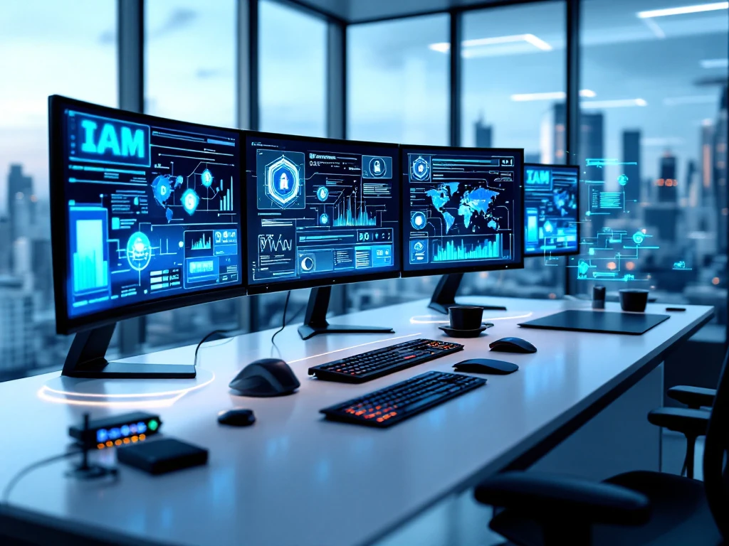Modern cybersecurity workspace with curved monitors displaying network dashboards, white desk setup overlooking city skyline