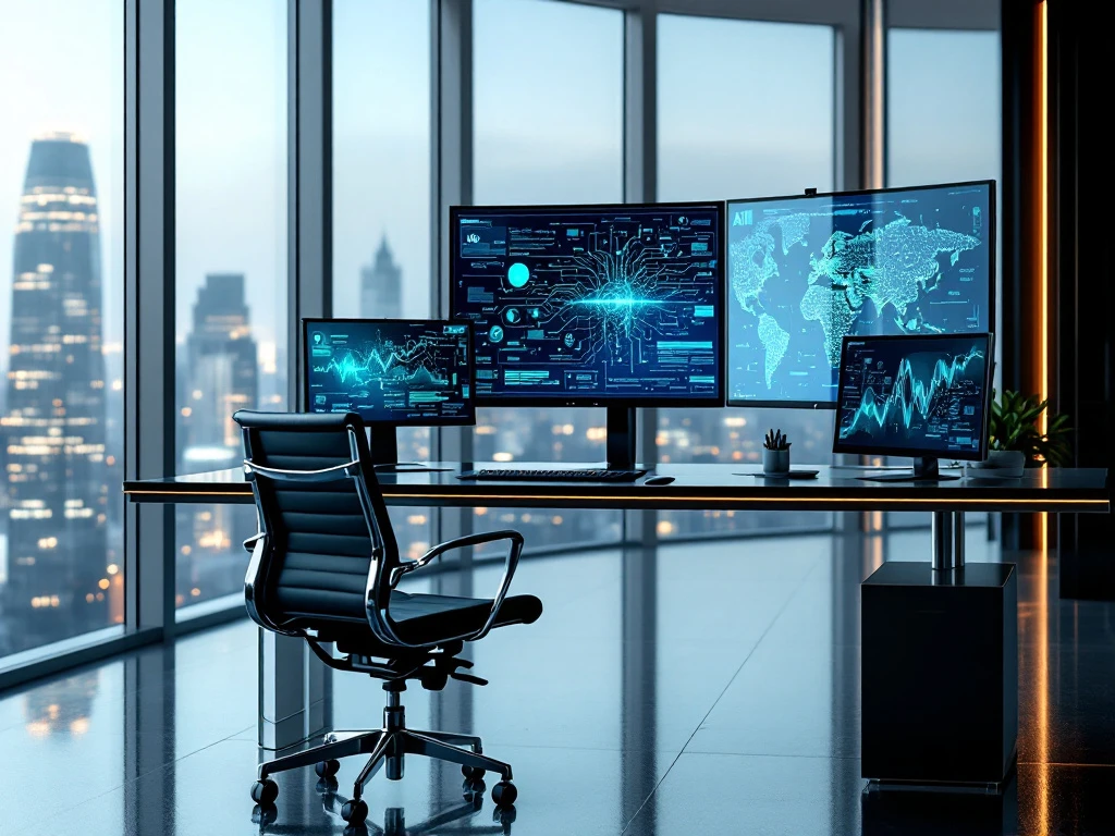 Modern office workspace with multiple monitors displaying cybersecurity data visualizations in a glass-walled room overlooking city skyline.