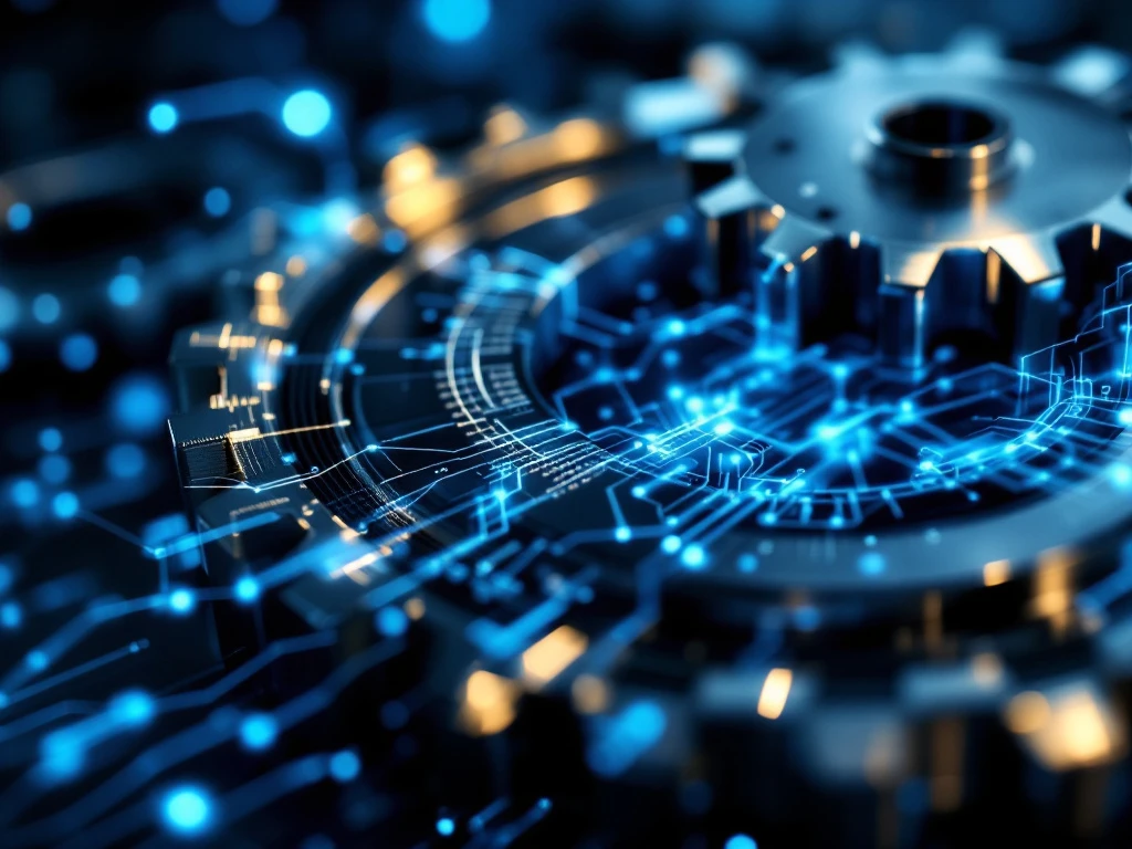 Interlocking chrome gears with glowing blue circuit patterns representing adaptive team mechanisms and digital transformation