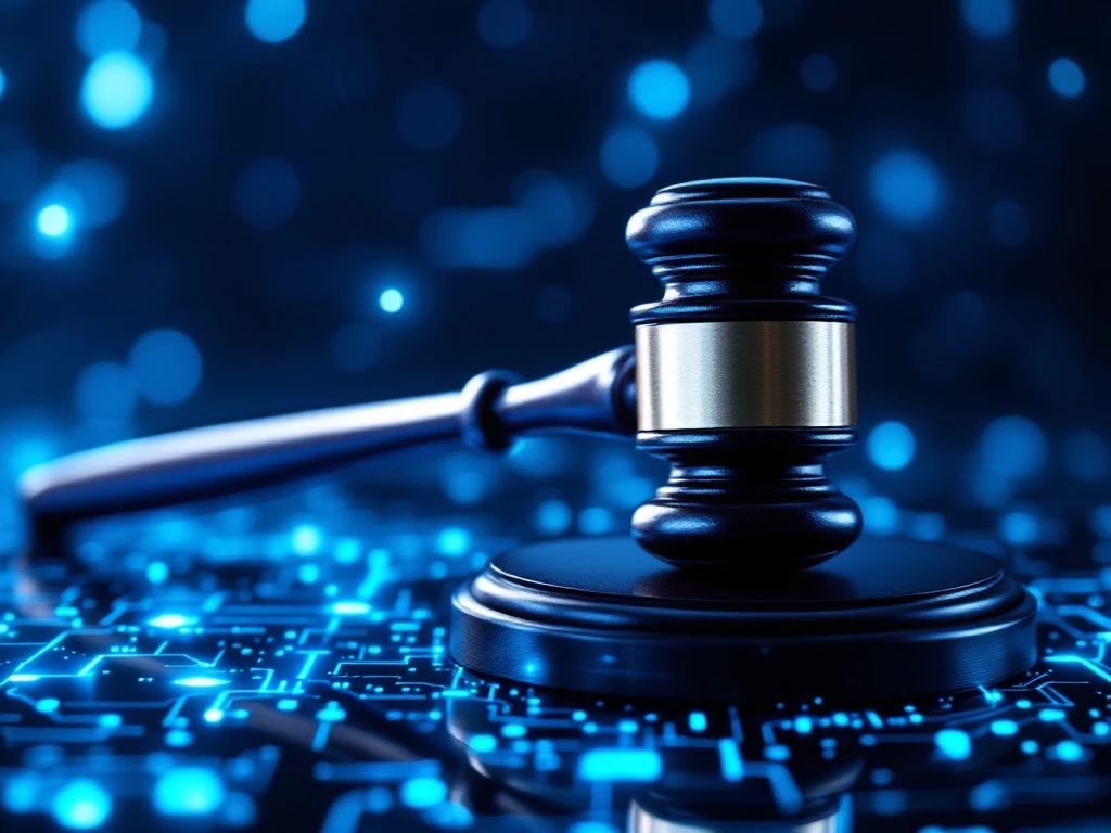 Chrome and wood gavel on digital surface with blue data streams and floating AI network nodes in modern legal tech setting