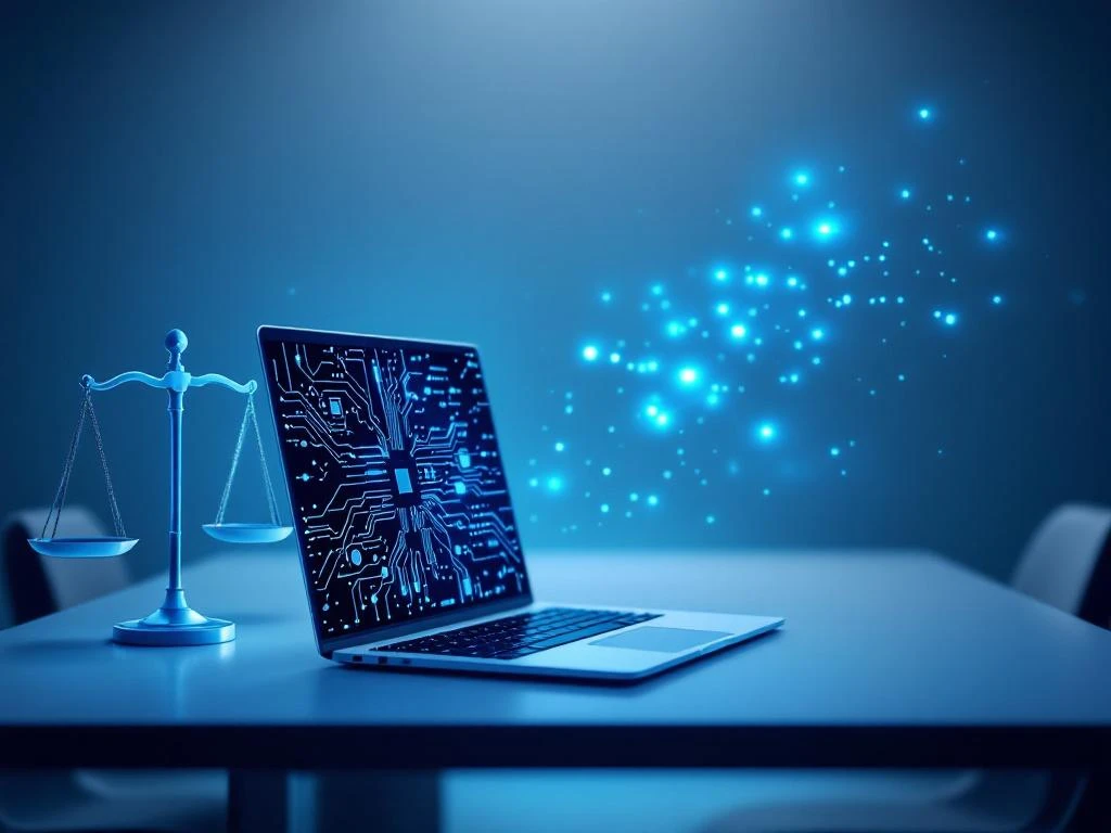 Modern conference table with laptop showing circuit patterns, surrounded by holographic AI neural networks and digital legal scales in blue light.