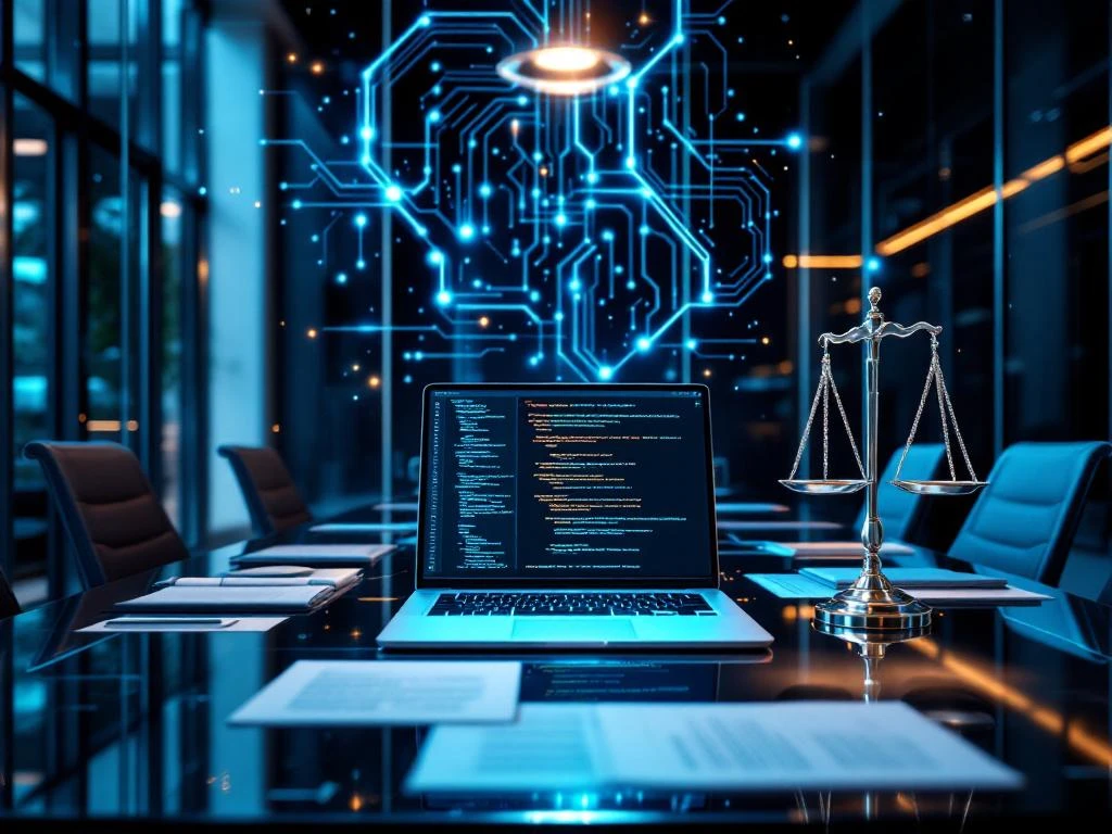 Modern office with laptop displaying code, legal documents, holographic AI circuits, and chrome scales of justice