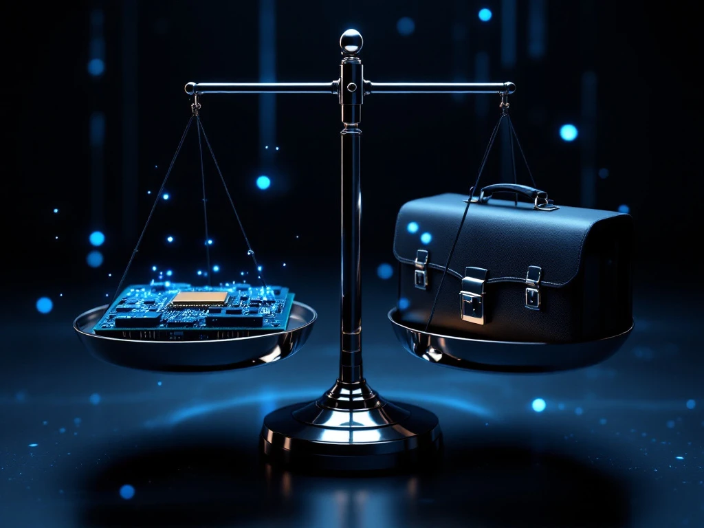 Digital balance scale weighing circuit board against business briefcase with blue lighting and cybersecurity holographics