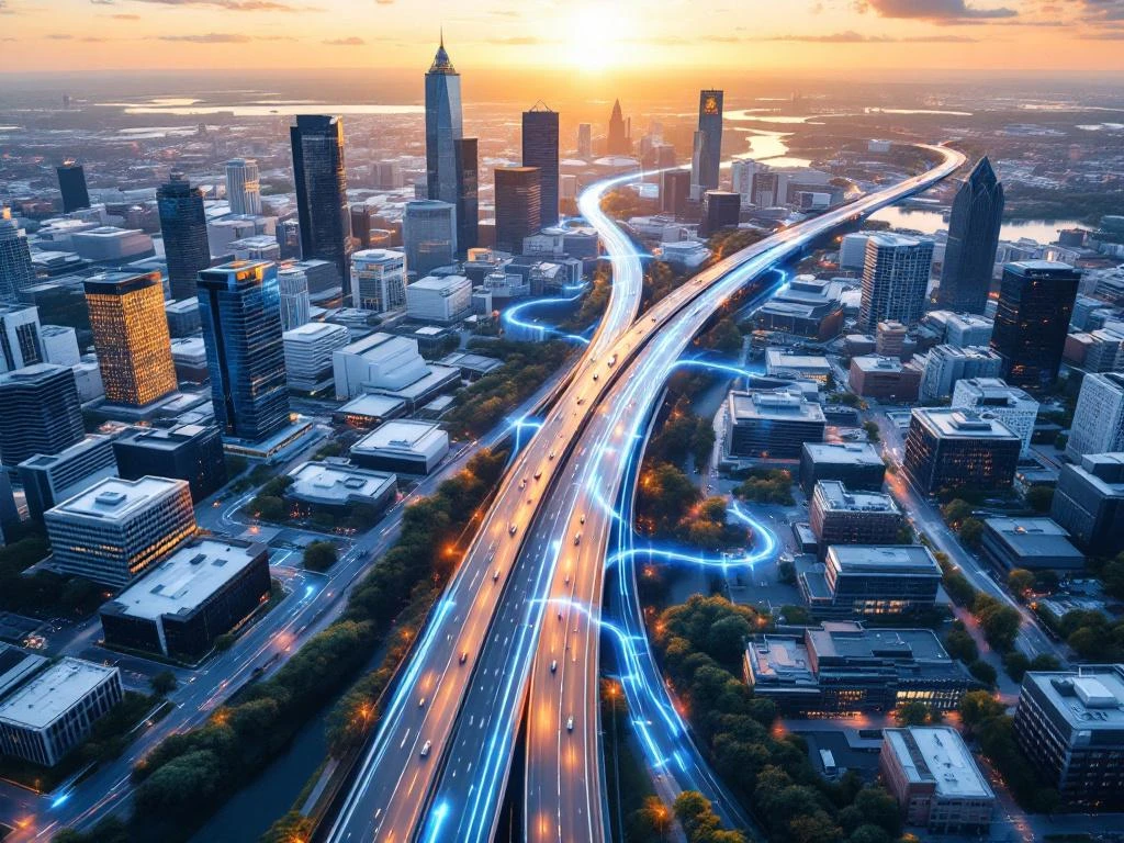 Aerial view of Baltimore-Washington corridor highway with office buildings, digital data streams, and modern glass towers at golden hour.
