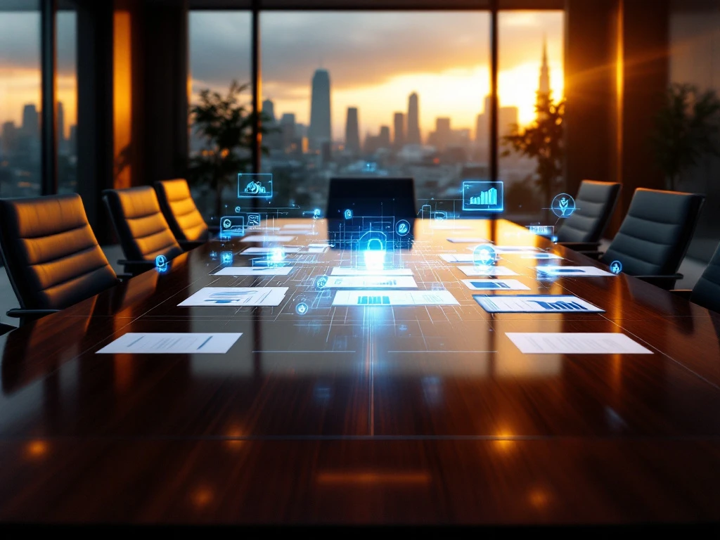 Executive boardroom with mahogany conference table, modern chairs, holographic business charts, and city skyline view