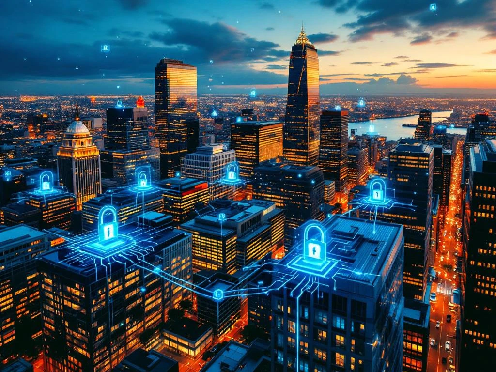 Aerial view of Boston financial district skyscrapers at dusk with digital cybersecurity overlays and glowing network patterns.