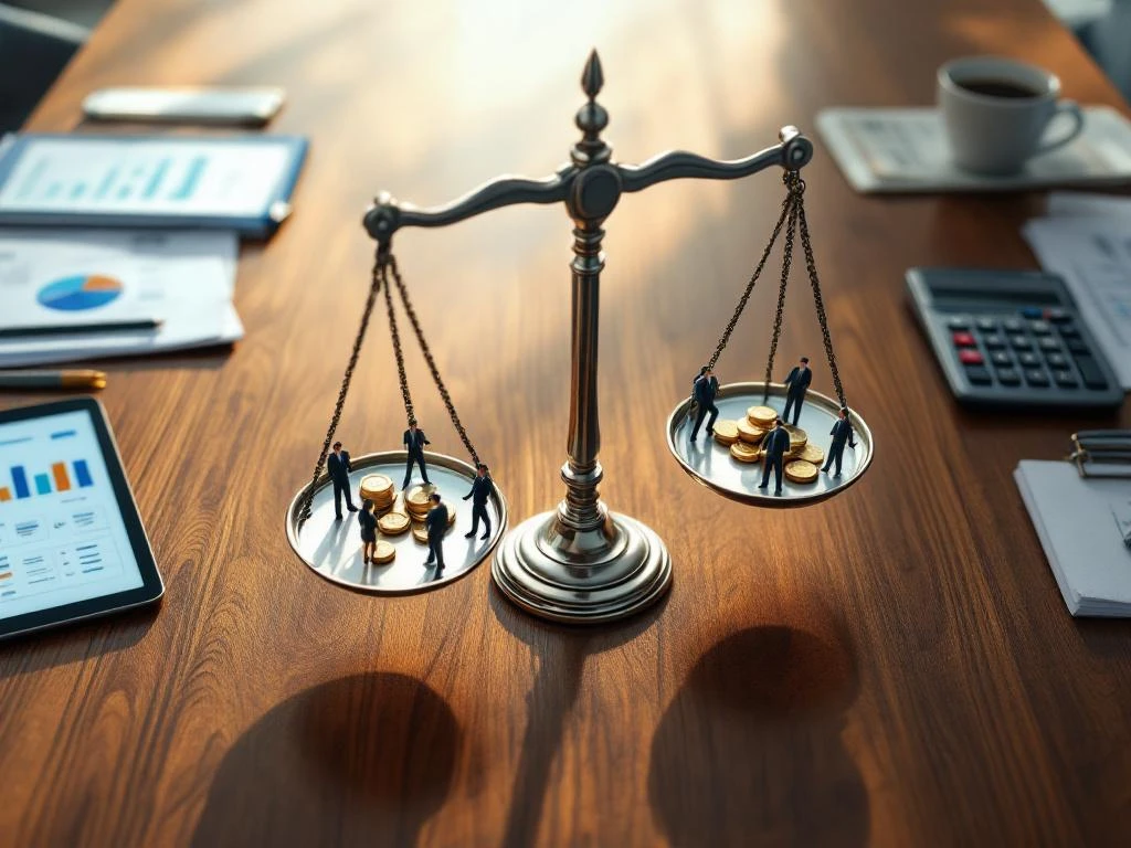 Balanced scale on wooden conference table with gold coins and business figures, surrounded by documents and calculator.