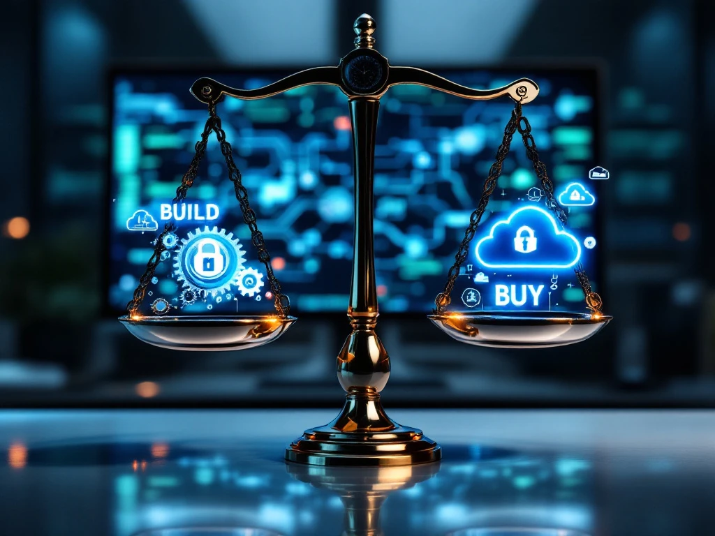 Digital scale on corporate desk balancing metallic gears and circuit boards against software packages and cloud symbols