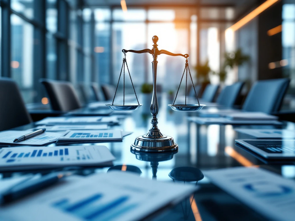Balance scale on modern conference table with legal documents, tablets showing analytics charts, and office windows in background.