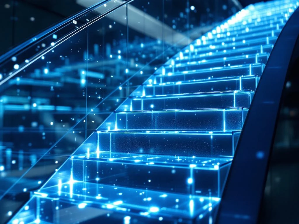 Glass staircase with blue LED lighting curves upward in modern office, symbolizing career advancement and growth.