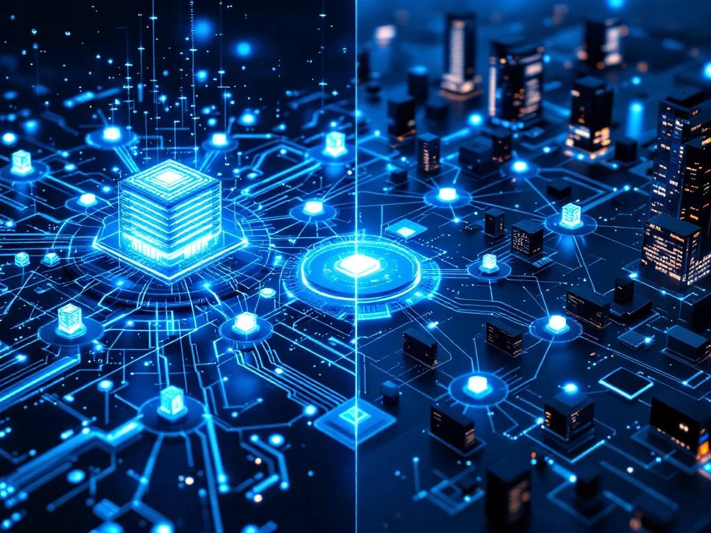 Split-screen comparison of centralized hub with glowing core and server towers versus distributed network nodes in modern office setting