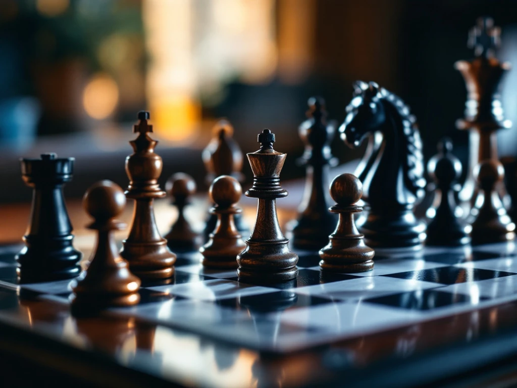 Chess board with wooden pieces on mahogany desk, featuring king and queen in background with pawns in foreground under dramatic lighting.
