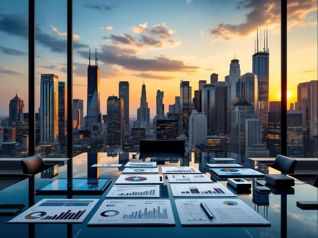 Chicago skyline at golden hour with conference table displaying legal documents, tablets, and eDiscovery technology equipment