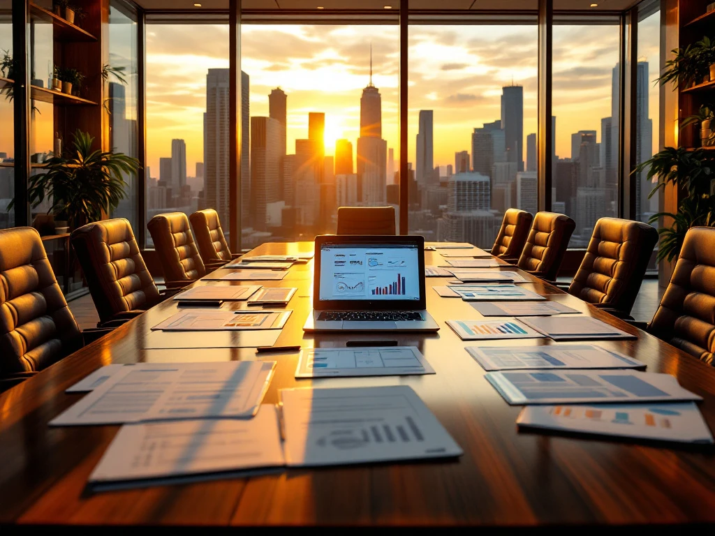 Modern conference room with mahogany table, legal documents, laptops showing data analytics, overlooking Chicago skyline at sunset.
