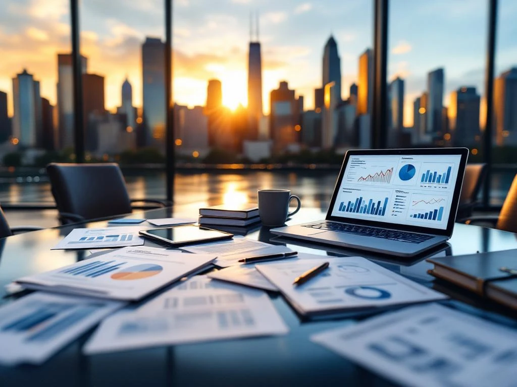 Modern conference table with legal documents, tablets, and laptop displaying project management software, Chicago skyline at sunset.