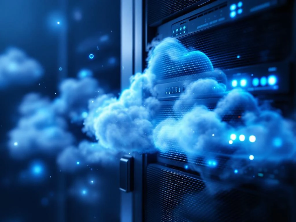 Modern server rack with glowing blue LED lights surrounded by translucent cloud formations and digital data streams