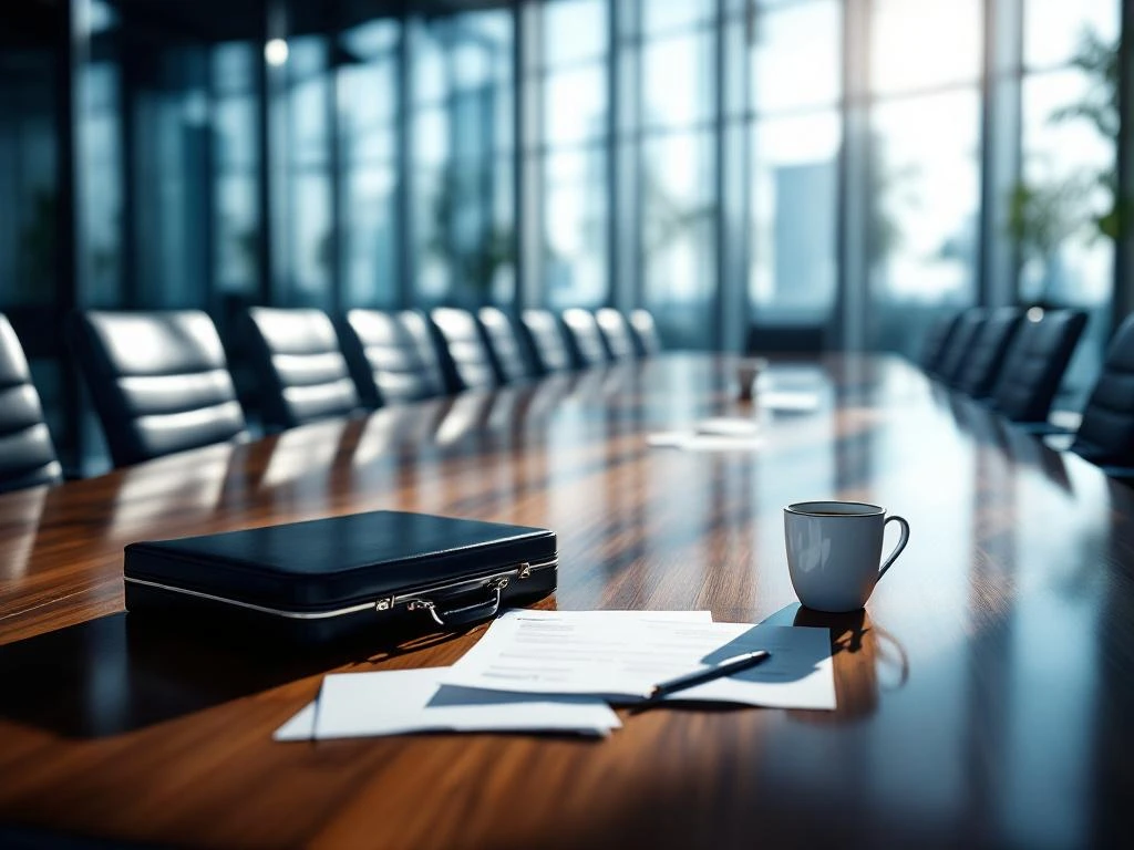 Empty corporate boardroom with scattered chairs around mahogany table, abandoned briefcase and documents suggesting talent departure
