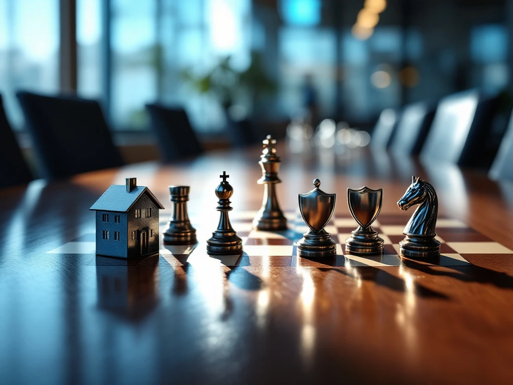 Chess game on boardroom table with metallic pieces shaped like house, graduation cap, shield, and handshake representing job benefits