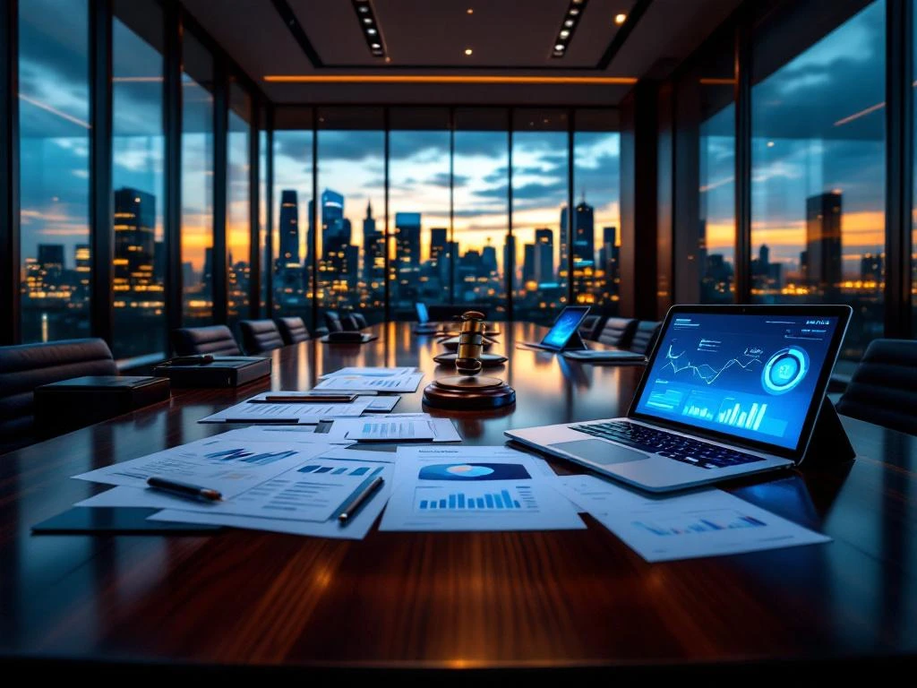 Corporate conference room with mahogany table, legal documents, laptops showing cybersecurity data, and city skyline view at dusk.