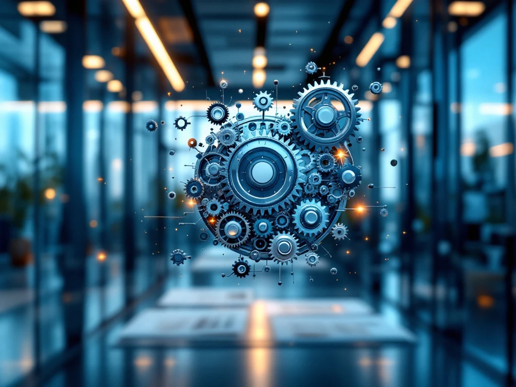 Interconnected gears and mechanical components in modern office setting symbolizing business collaboration and teamwork.