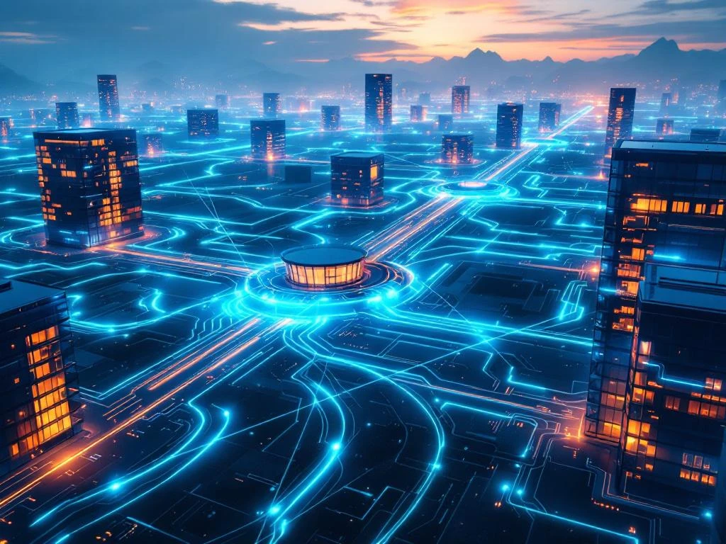 Aerial view of modern office buildings connected by glowing blue digital pathways across multiple regions, symbolizing connectivity.
