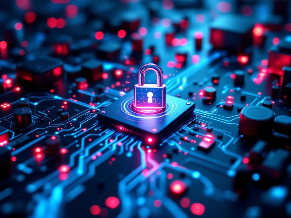 AI circuit board with glowing blue neural pathways, red security warnings, and metallic cybersecurity shields