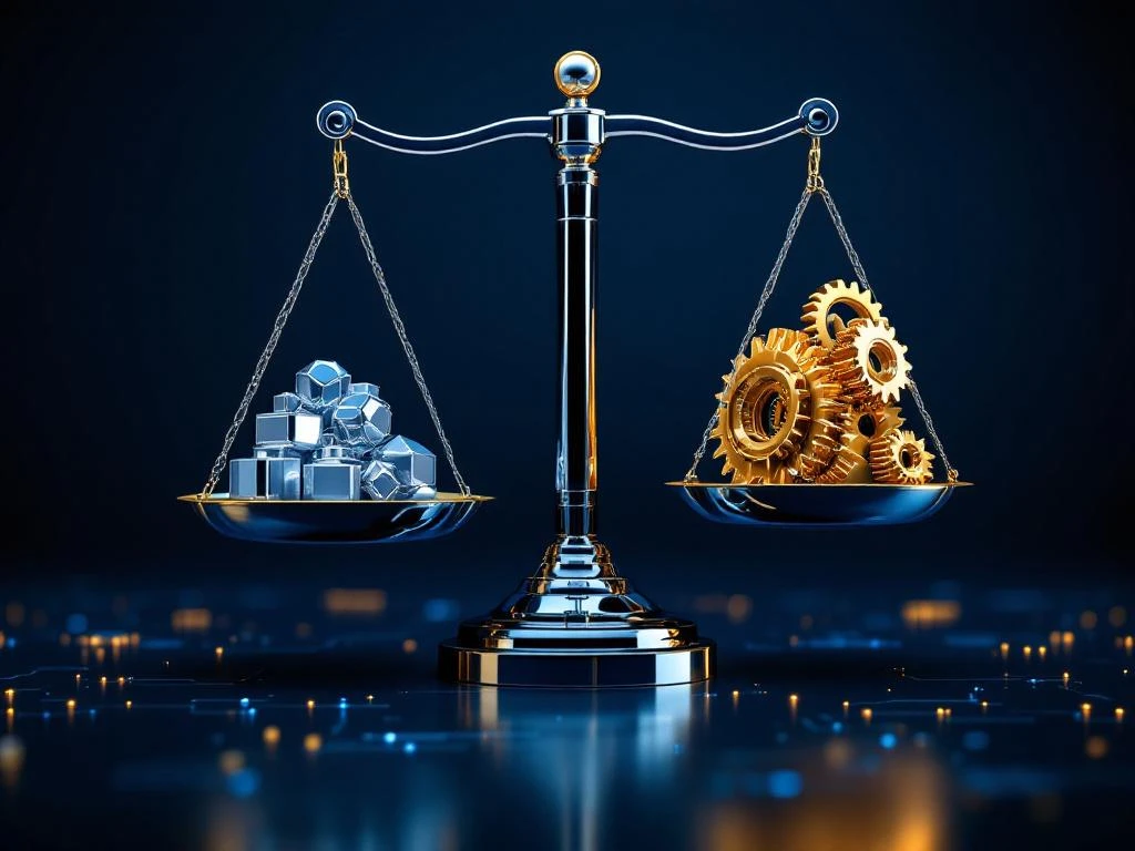 Chrome and glass balance scale with silver geometric tools on left side and golden interconnected gears on right against navy background.