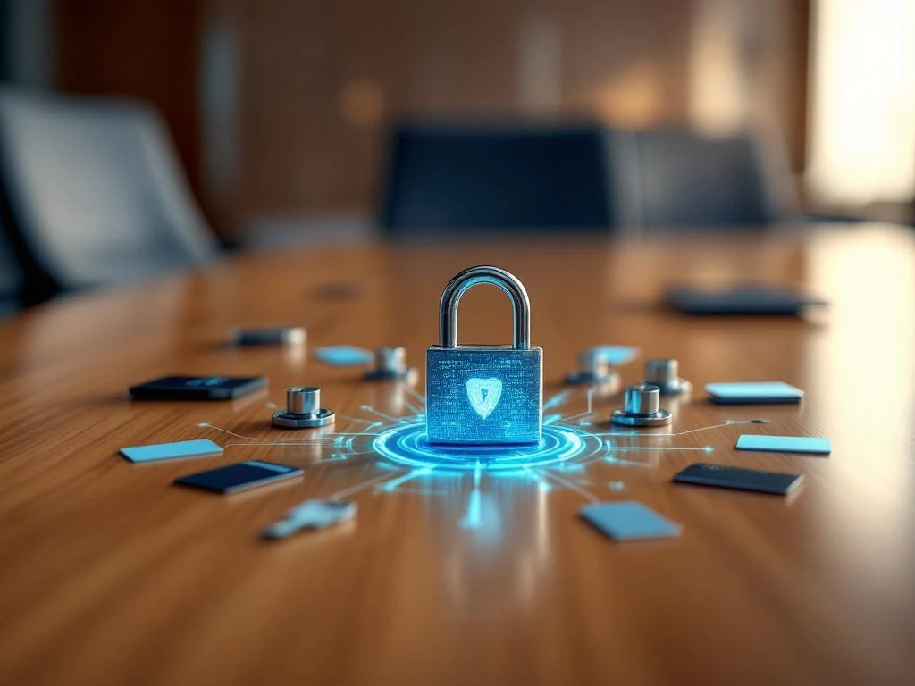 Corporate boardroom table with cybersecurity symbols including digital padlocks, shield icons, and key cards in blue tones.