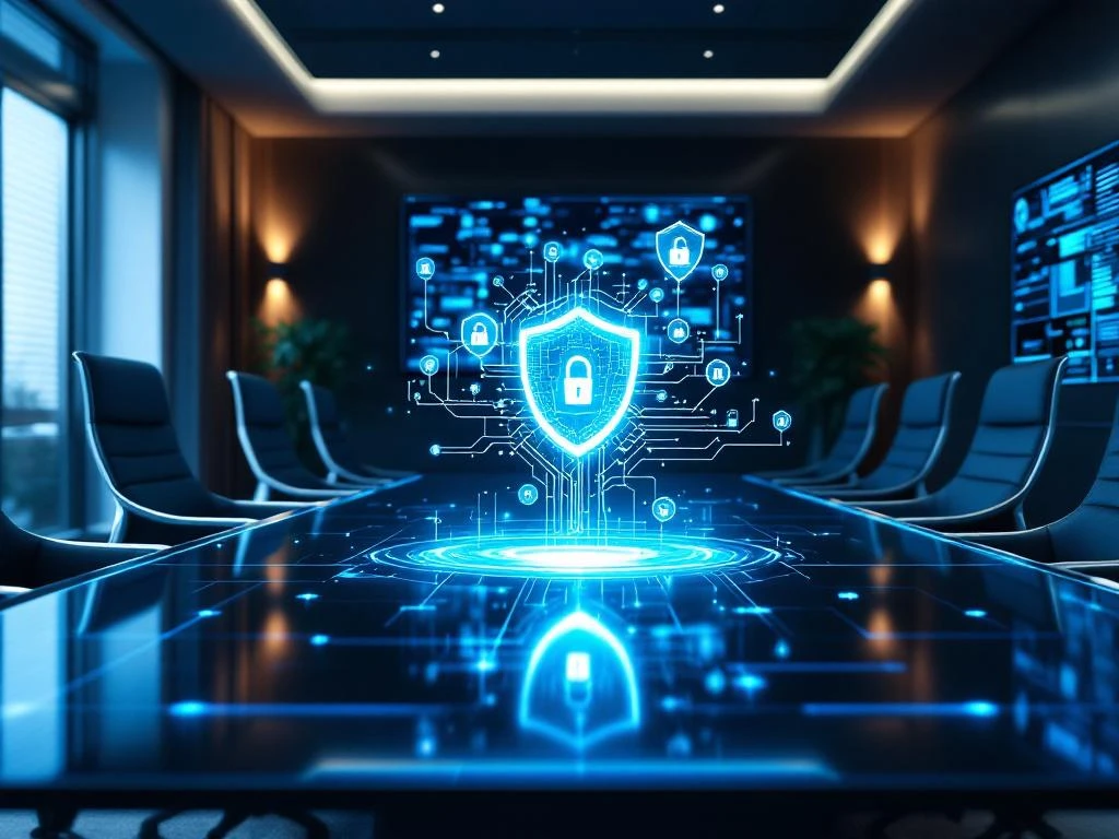 Modern corporate boardroom with holographic cybersecurity network display above glass conference table and monitoring screens