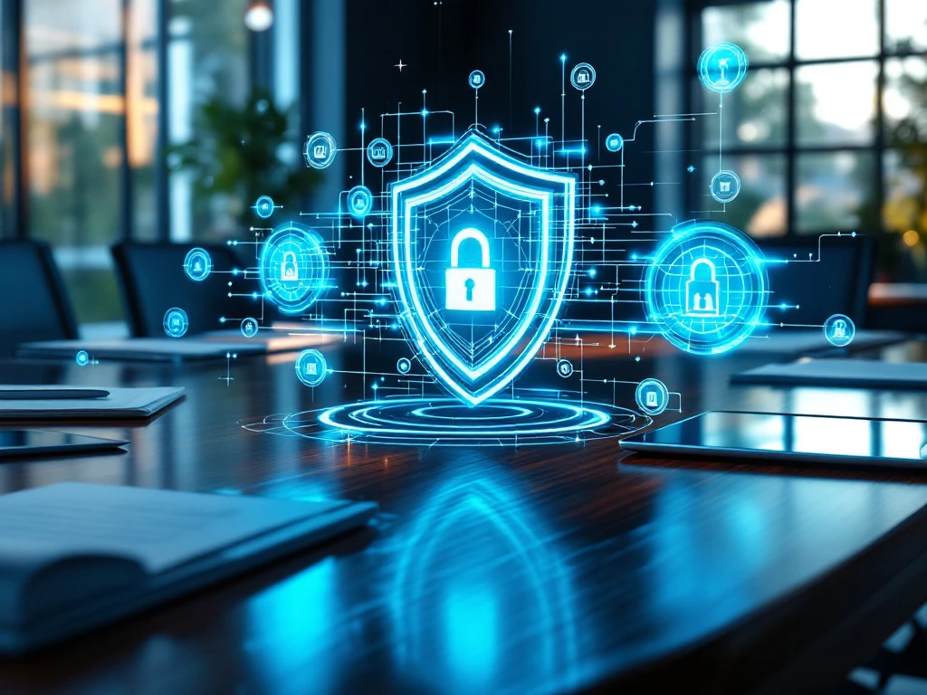 Corporate boardroom with holographic cybersecurity network display showing digital shields and data streams above conference table