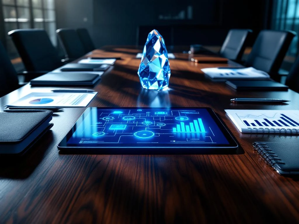 Digital tablet displaying cybersecurity network diagrams on mahogany conference table with financial documents and glass sculpture